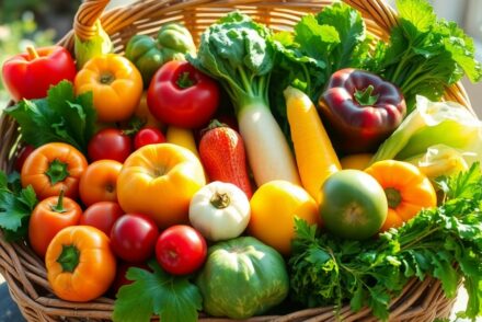 Panier de légumes et fruits bio frais et colorés.