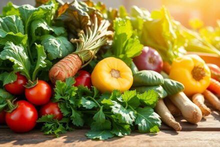Légumes bio frais et colorés sur une surface en bois.